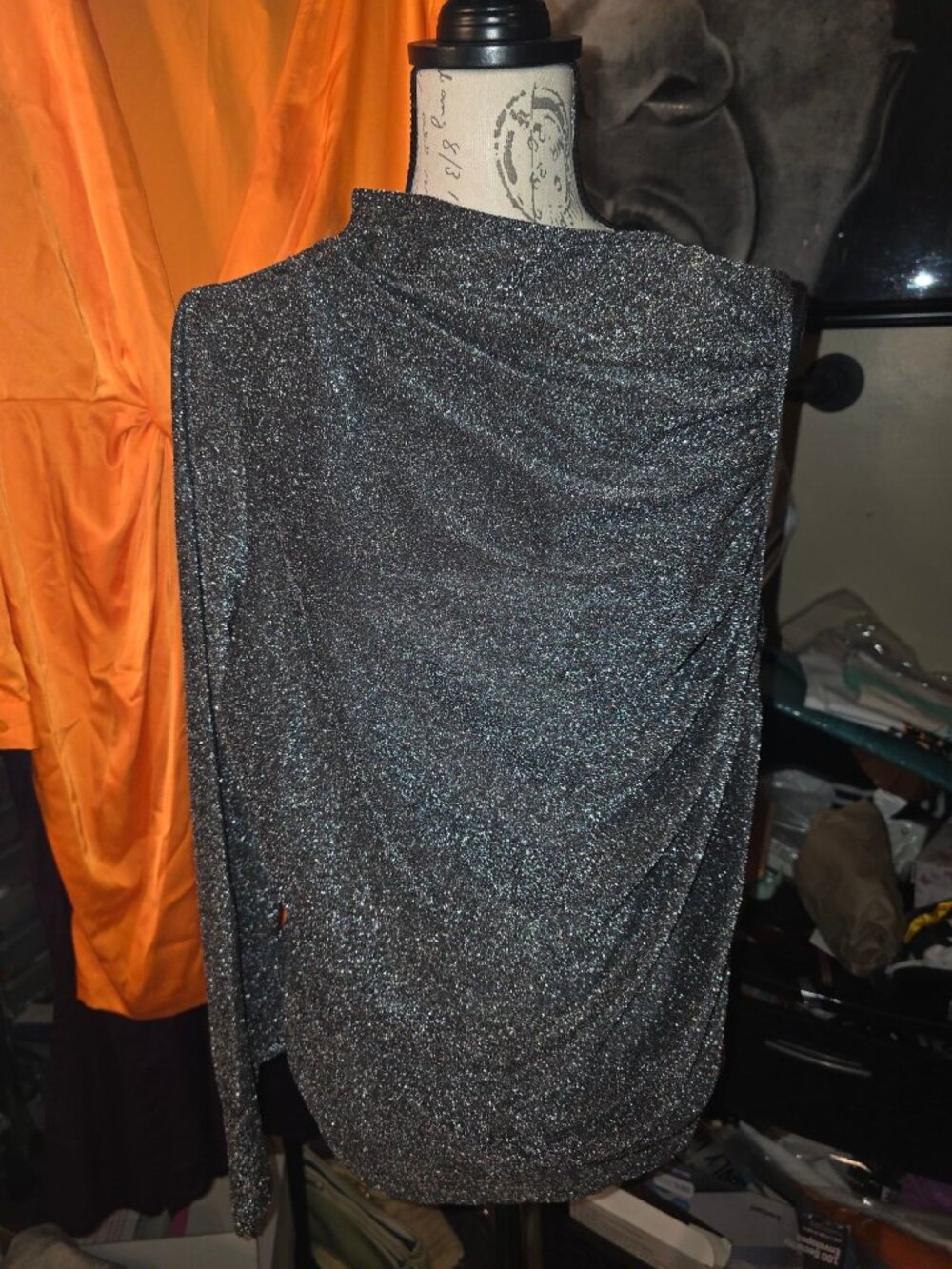 Terea By Andrea Pitter Glitter Drape Long Sleeve Top XXL Black Polyester Blend